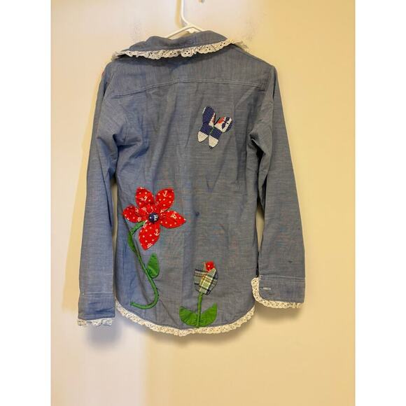 Vintage Retro Chambray Denim Embroidered Blouse Hand Made Hippie - Picture 5 of 6